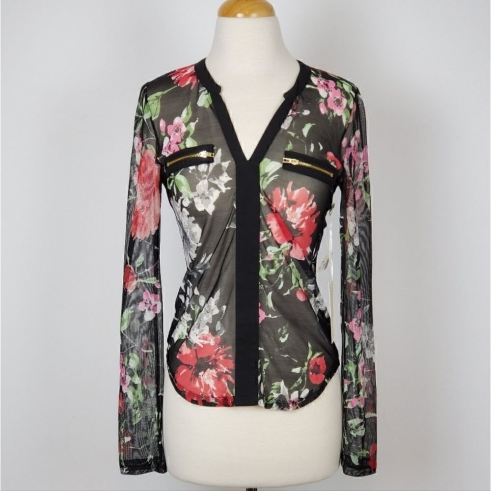 Women's Long Sleeve Mesh Sheer  Top Floral‎ Print by Chocolate U.S.A